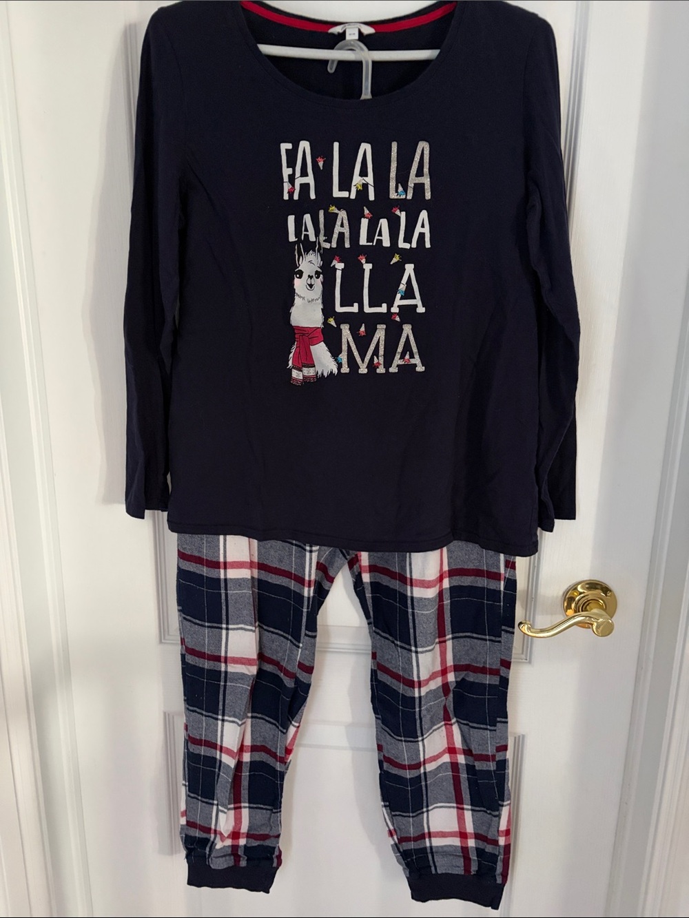 Reitmans Navy 'Fa La La Llama' Pajama Set with Red & White Plaid Pants